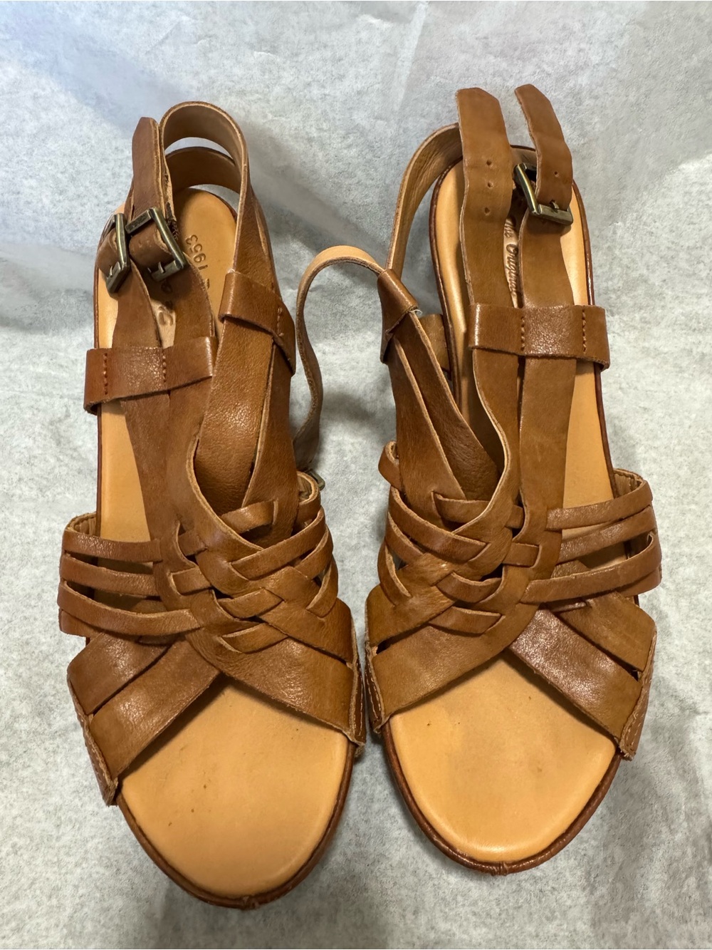 Kork-Ease Leather Strappy Wedge Clog Sandals Tan Brown 8/39